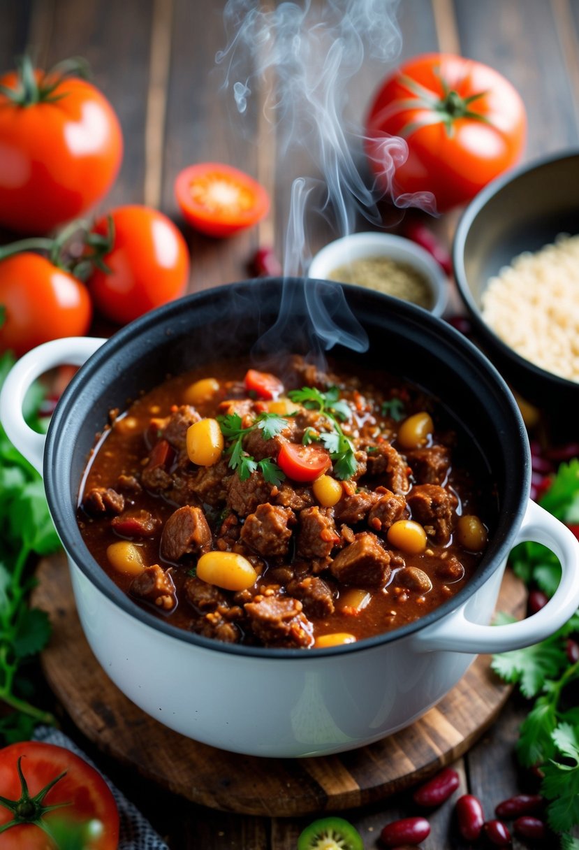 A simmering pot of beef chili con carne, steam rising, surrounded by colorful ingredients like tomatoes, beans, and spices