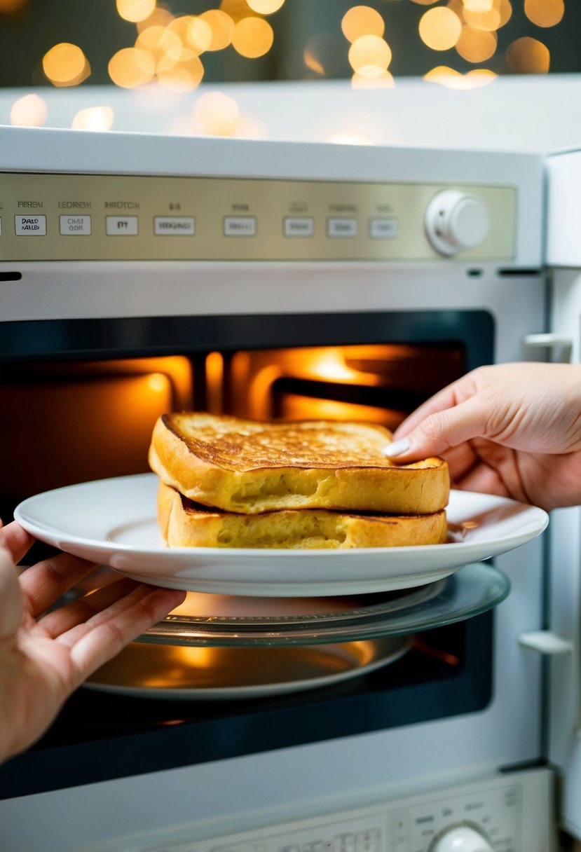 A plate of French toast being placed in a microwave