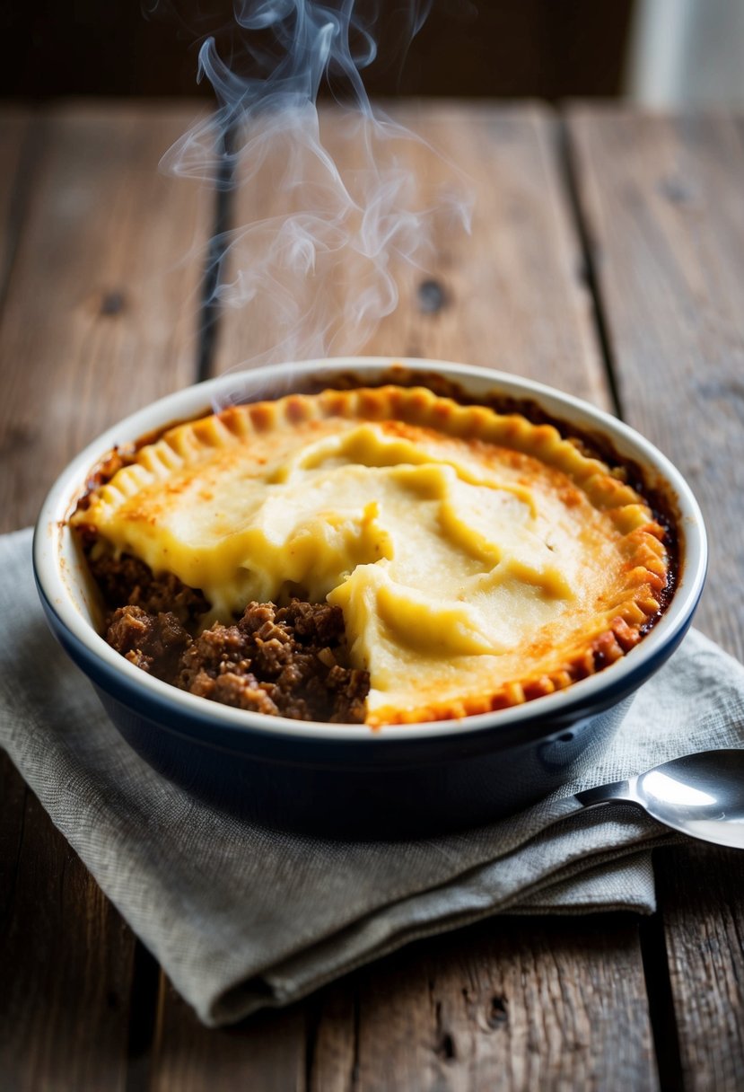 A steaming dish of shepherd's pie sits on a rustic wooden table, with golden mashed potatoes covering a savory beef mince filling