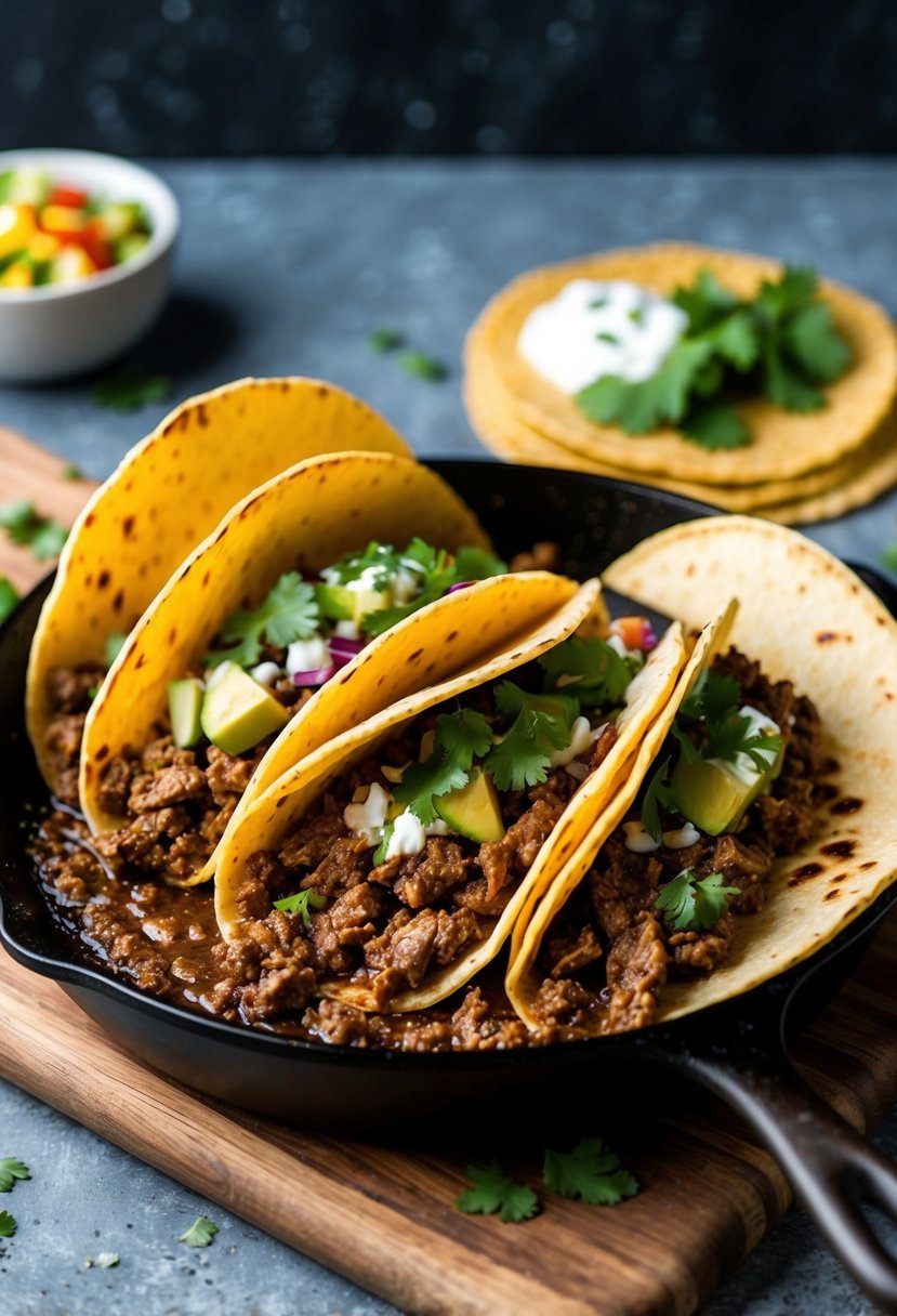 A sizzling skillet of beef tacos, with seasoned beef mince, fresh toppings, and warm tortillas on a wooden serving board