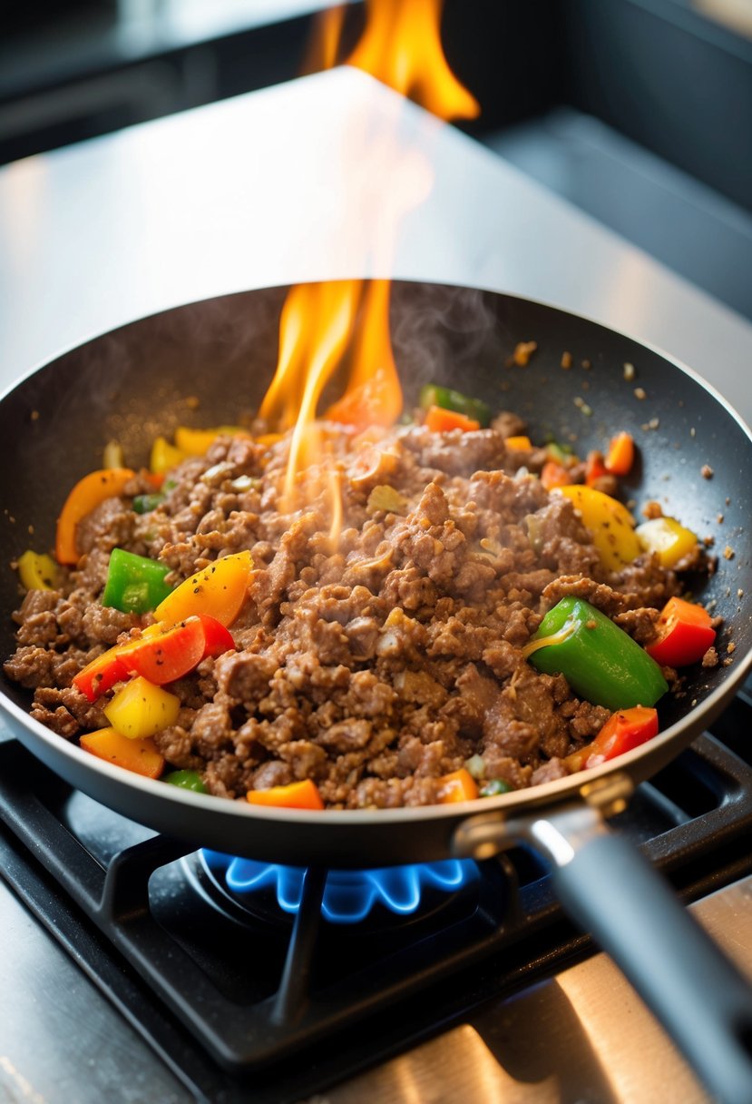 A sizzling pan with beef mince, colorful vegetables, and aromatic spices being stir-fried over a high flame