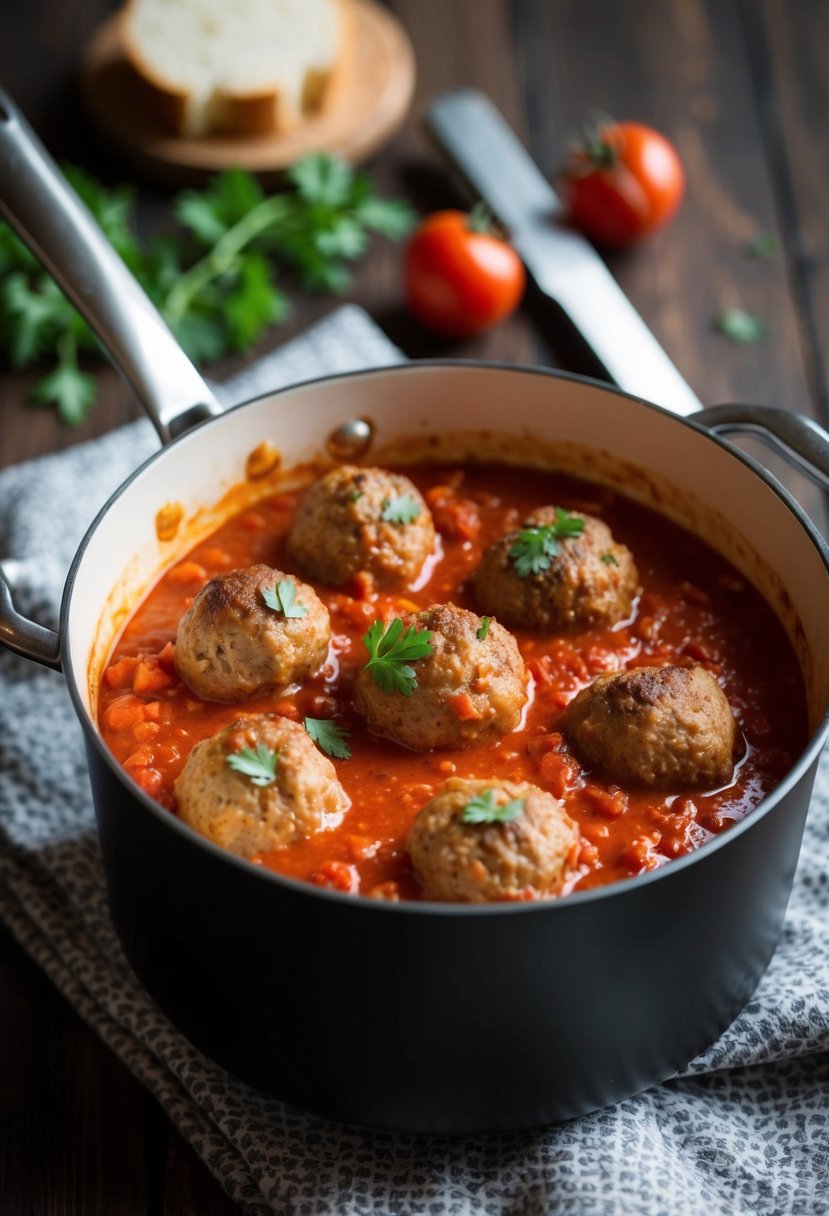 A pot of simmering tomato sauce with meatballs