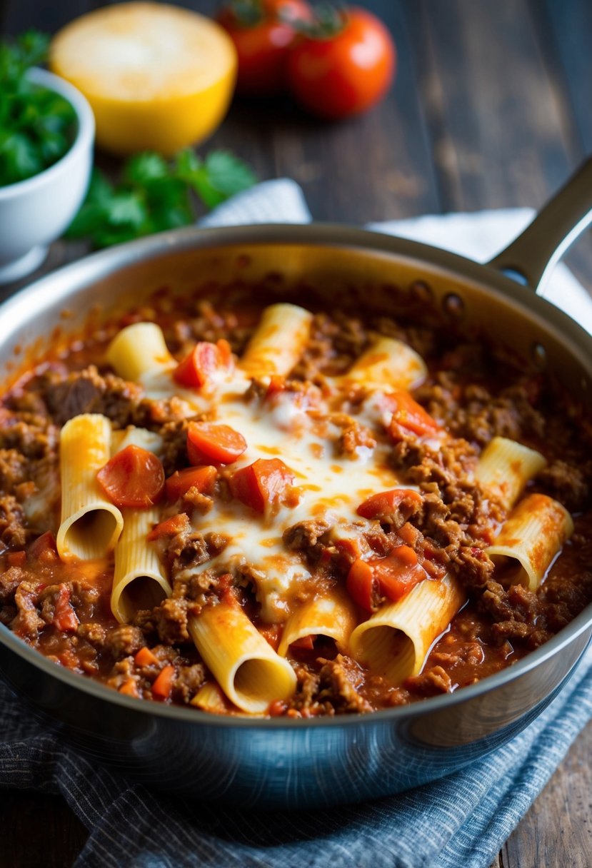 A bubbling pan of savory beef mince simmering in a rich tomato sauce, layered between sheets of pasta and topped with melted cheese