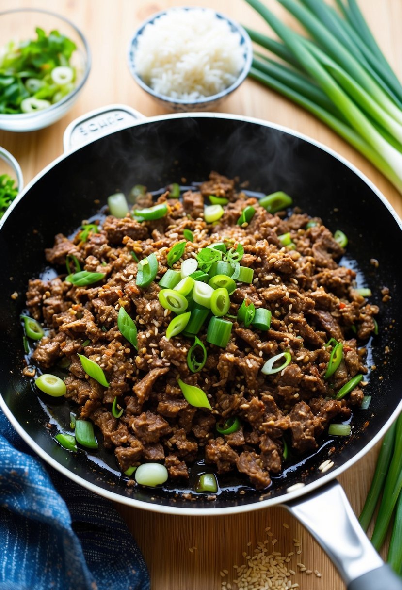 A sizzling skillet of Korean beef mince, surrounded by vibrant ingredients like green onions, sesame seeds, and steamed rice