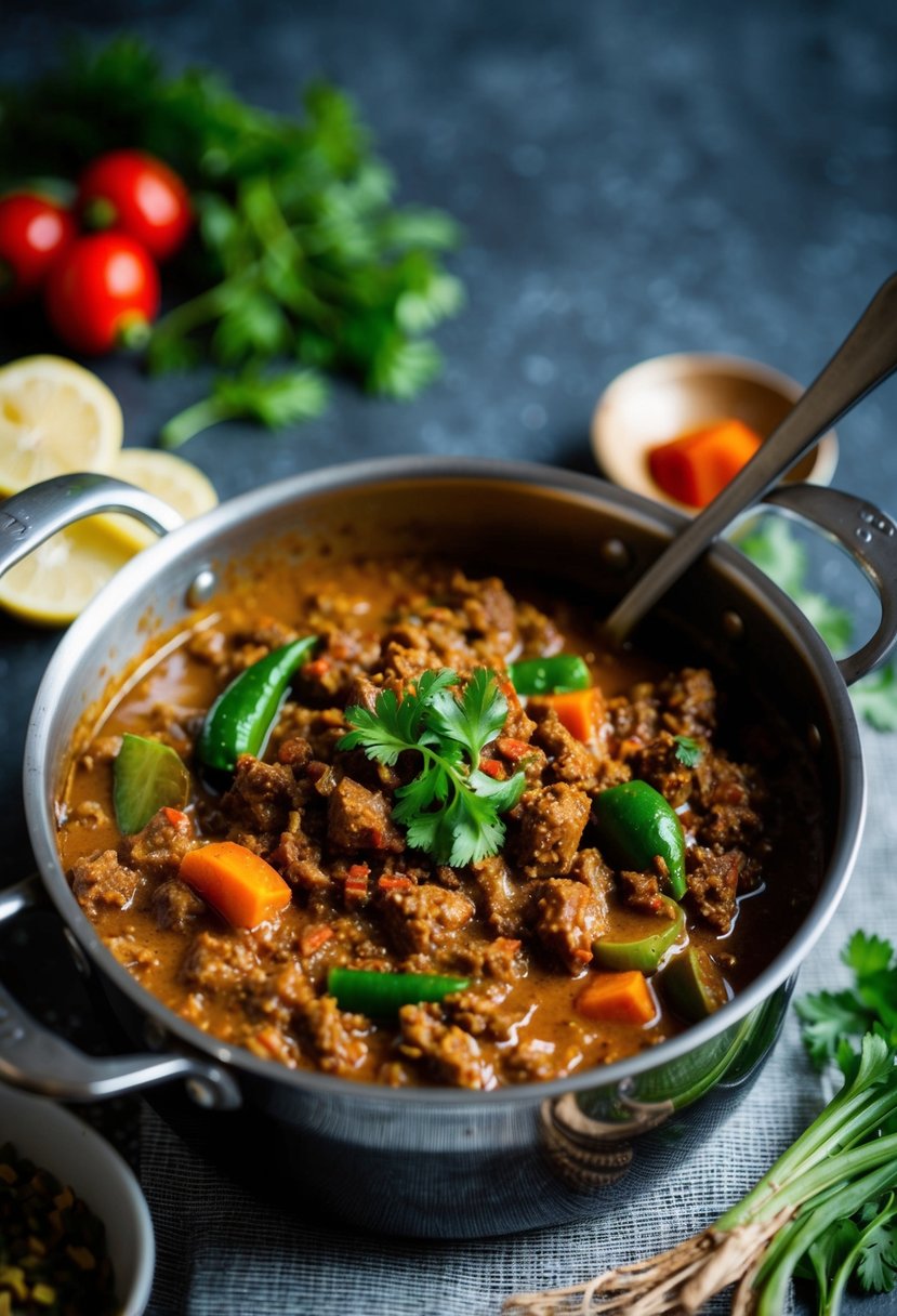 A simmering pot of beef mince curry with vibrant spices and vegetables