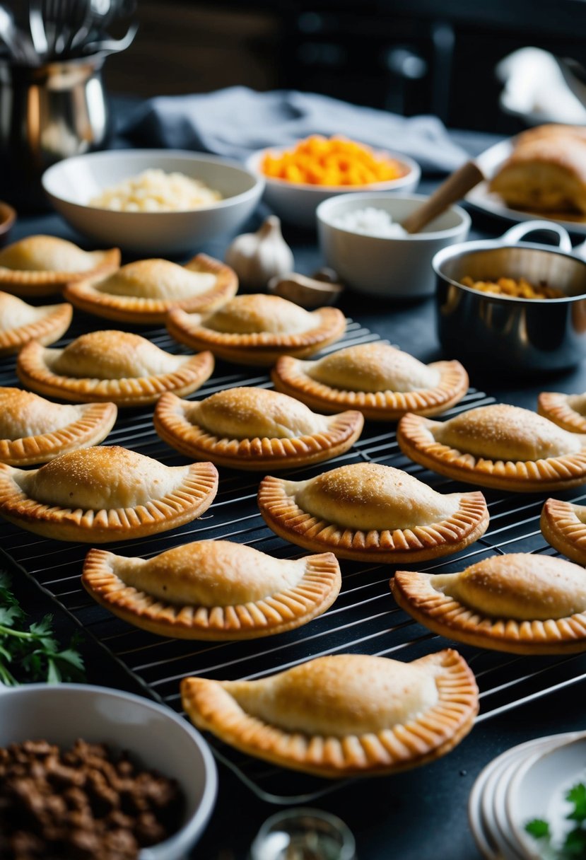 A table covered in freshly baked beef empanadas, surrounded by ingredients and cooking utensils