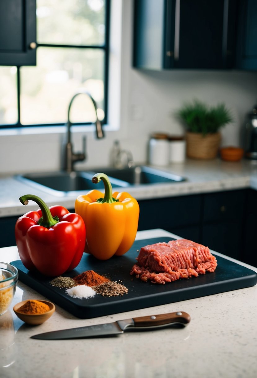 A kitchen counter with ingredients for stuffed bell peppers: bell peppers, beef mince, spices, and a cutting board with a knife