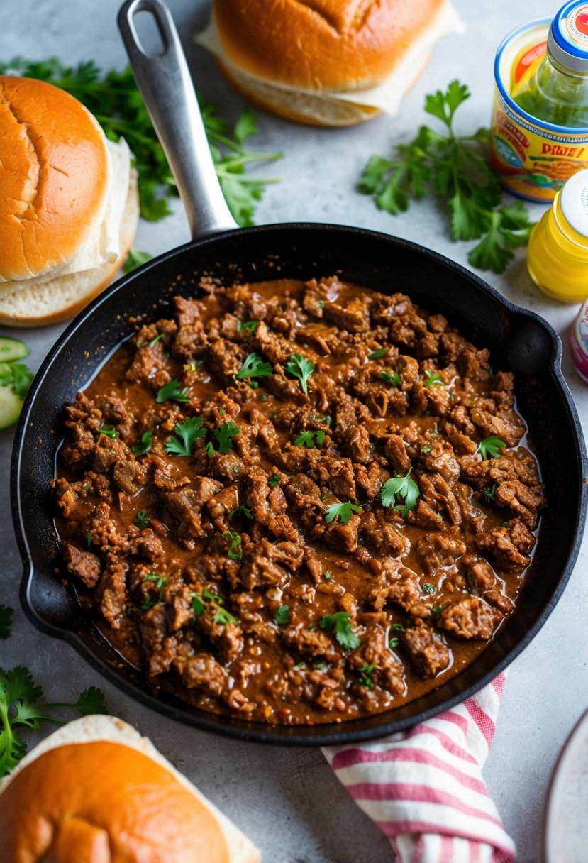 A sizzling skillet of beef mince simmering in a rich, savory sauce, surrounded by fresh buns and colorful condiments