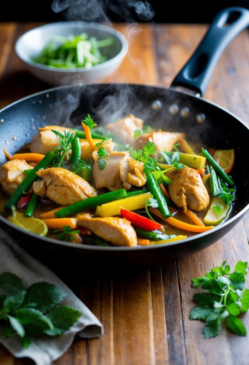 A sizzling skillet of Thai chicken stir-fry with colorful vegetables and aromatic herbs, steaming and ready to be served