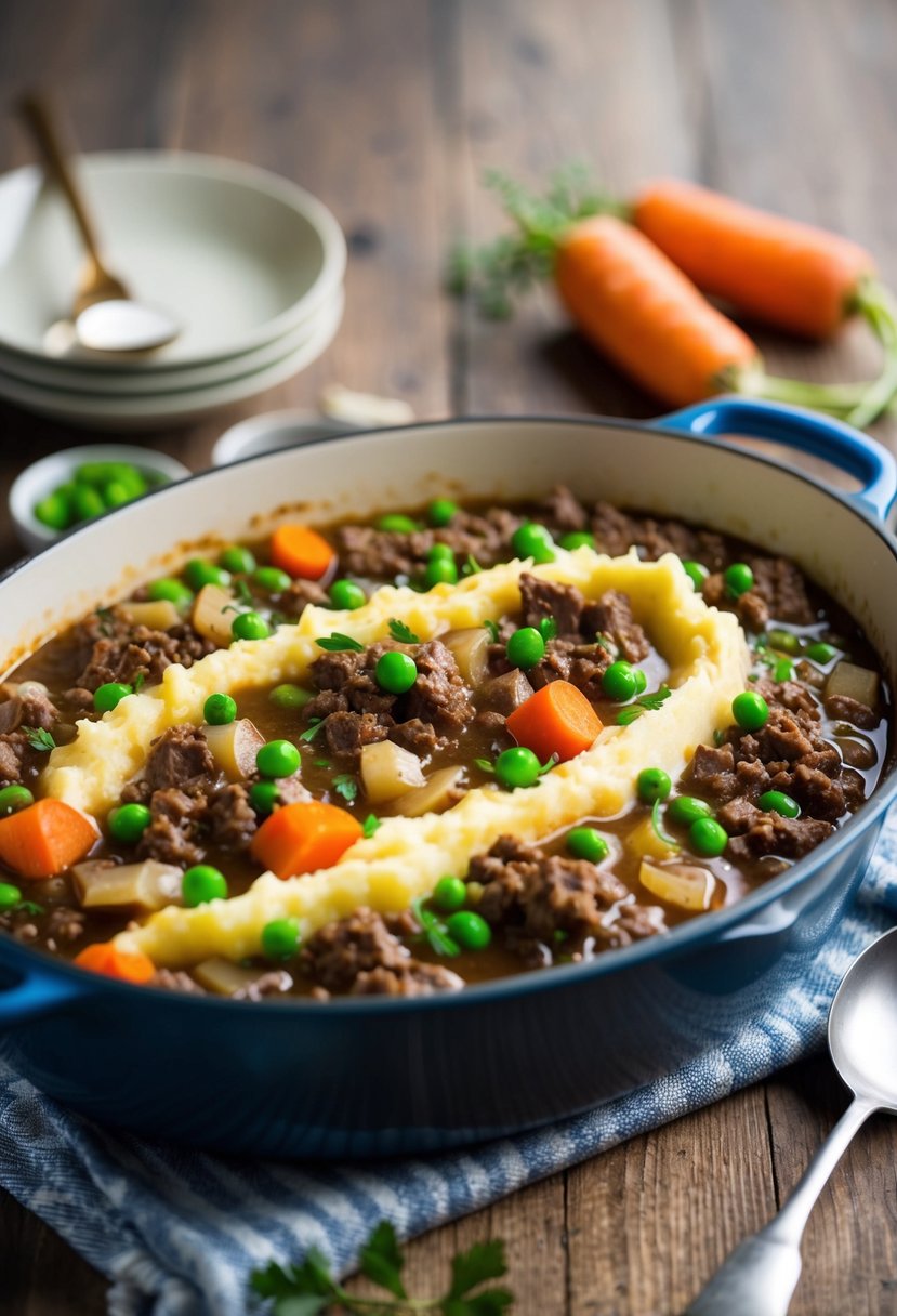 A bubbling pot of beef mince simmering with onions, carrots, and peas, topped with a layer of creamy mashed potatoes in a baking dish