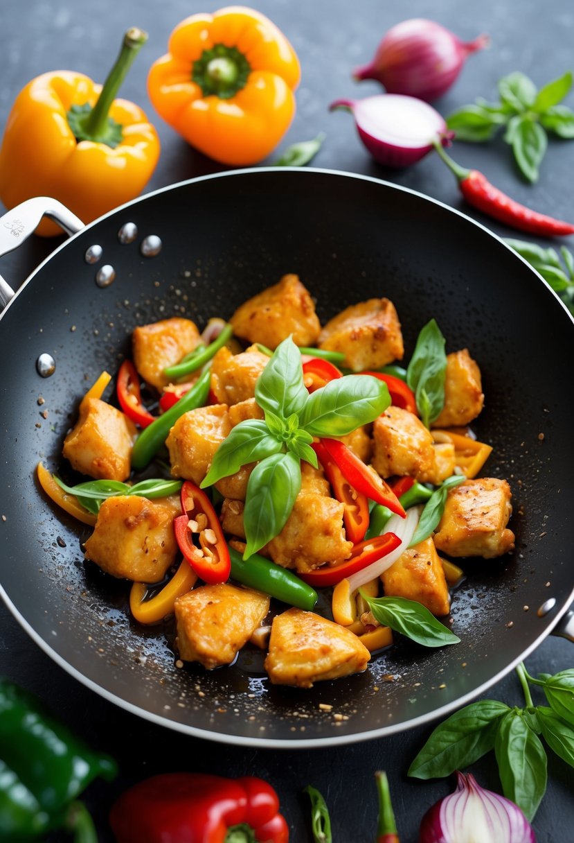 A sizzling wok with Thai basil chicken, surrounded by colorful fresh ingredients like bell peppers, onions, and chili peppers