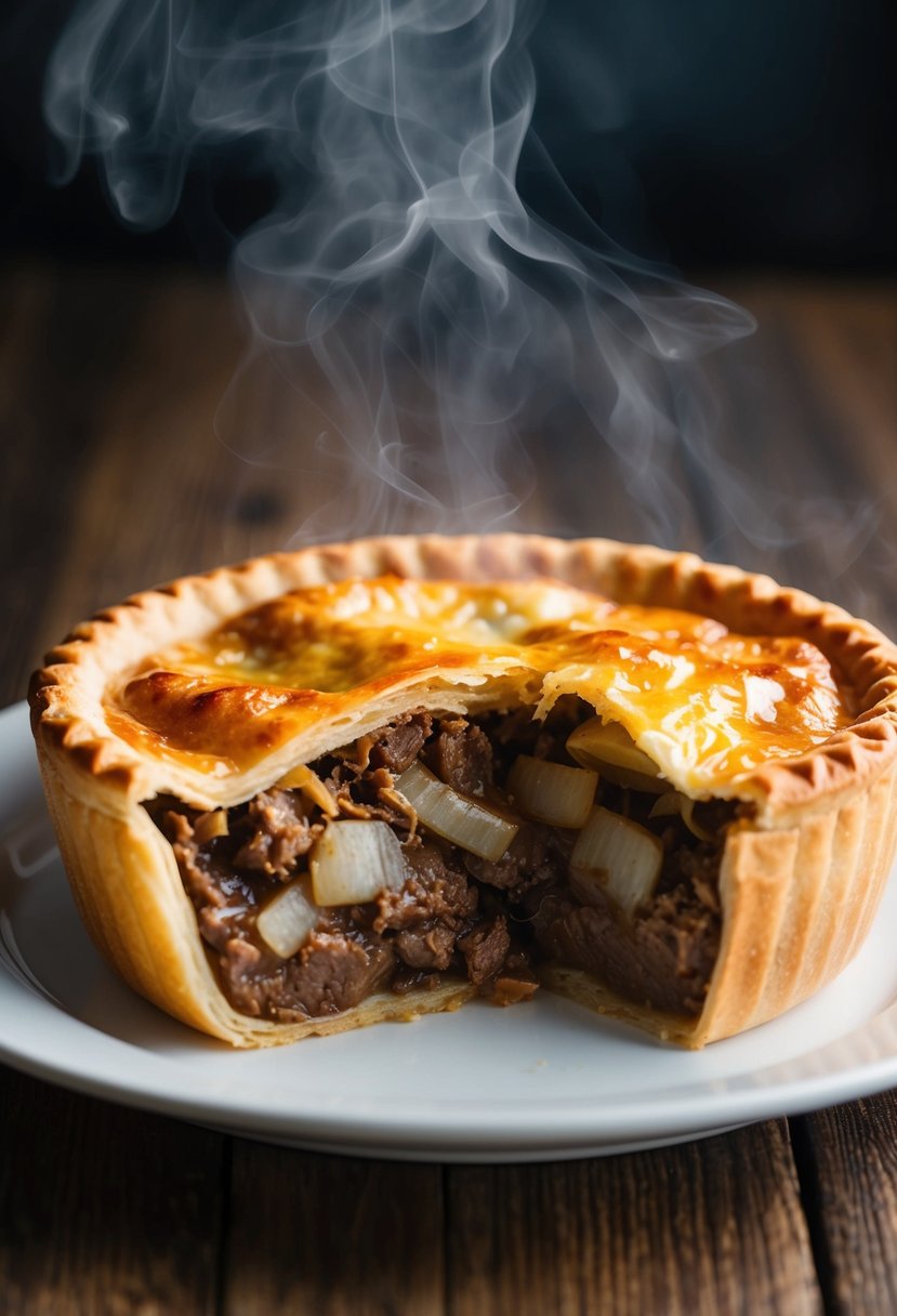 A steaming beef and onion pie fresh out of the oven, with a golden brown crust and savory filling