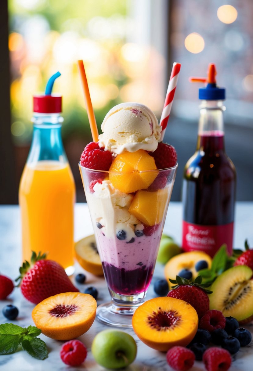 A colorful array of ingredients: fresh fruits, creamy ice cream, and a variety of flavored syrups, all blending together in a tall glass