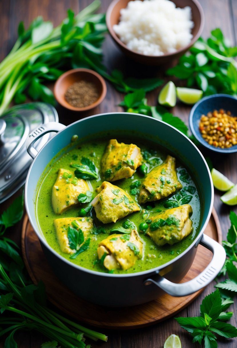 A steaming pot of Thai green curry chicken surrounded by vibrant green herbs and spices