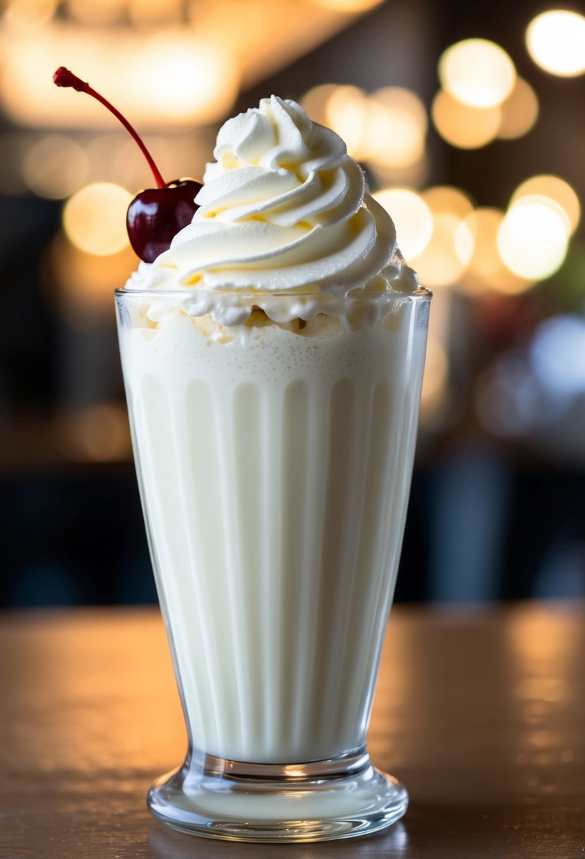 A tall glass filled with a creamy vanilla milkshake topped with a dollop of whipped cream and a cherry on top