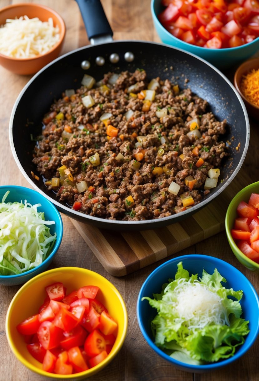 A sizzling skillet of ground beef, onions, and spices, surrounded by colorful bowls of diced tomatoes, shredded lettuce, and grated cheese