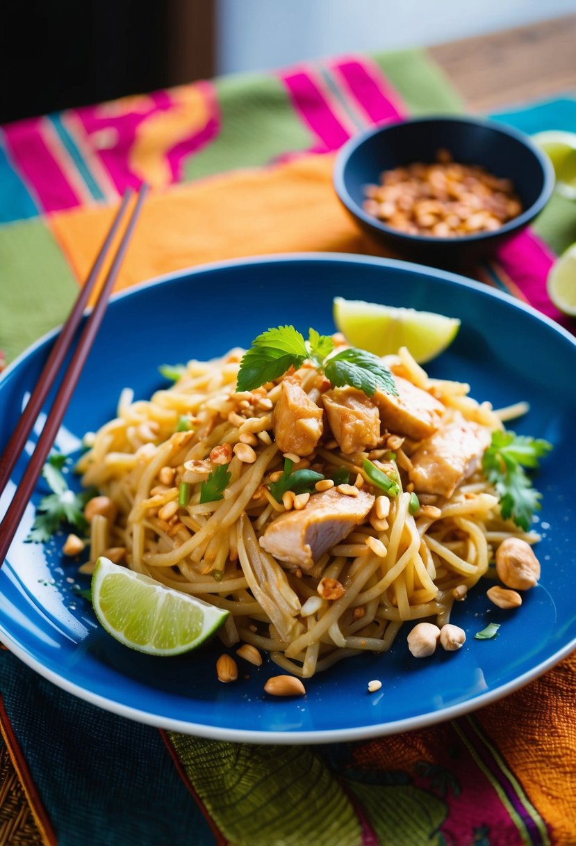 A steaming plate of Pad Thai with chicken, garnished with peanuts and lime, sits on a colorful tablecloth. Chopsticks and a small bowl of chili flakes accompany the dish