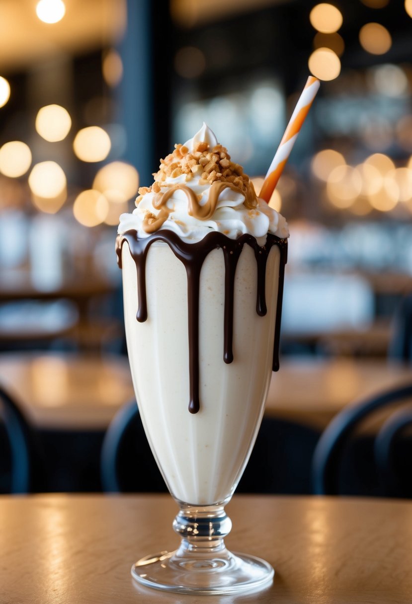 A tall glass filled with a creamy milkshake topped with whipped cream, drizzled with chocolate and peanut butter, and garnished with a sprinkle of crushed peanuts