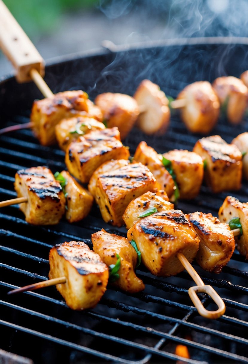 A wooden skewer loaded with marinated chicken pieces, arranged on a grill with visible grill marks