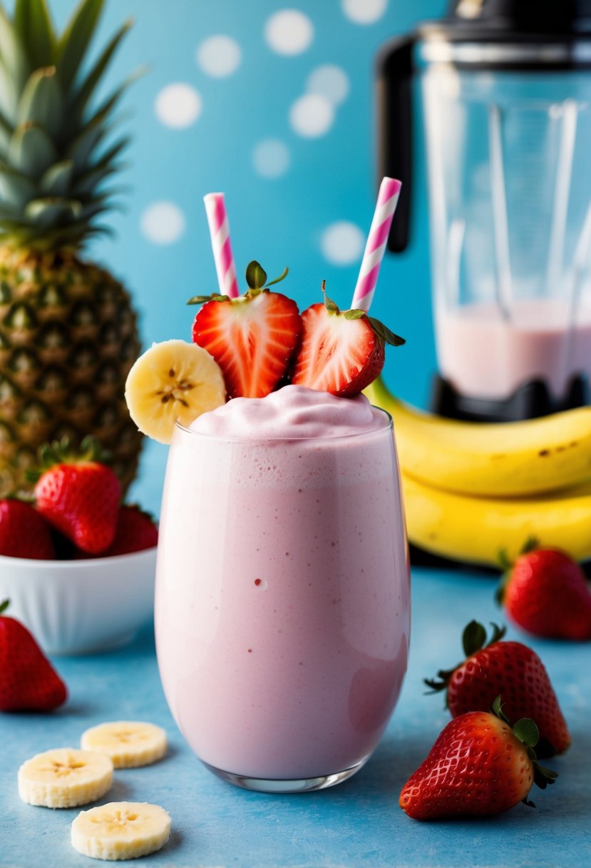 A glass filled with a creamy pink milkshake topped with sliced strawberries and a banana, surrounded by fresh fruits and a blender