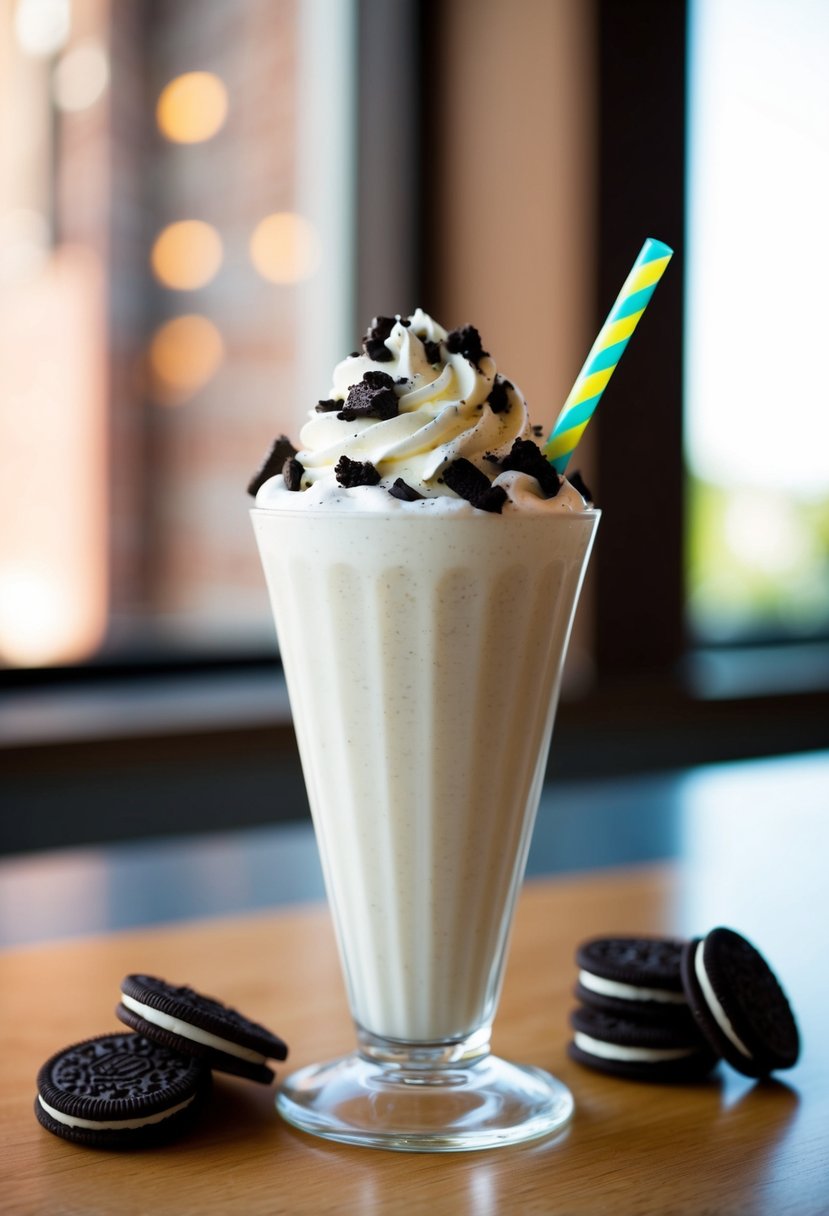 A tall glass filled with a creamy milkshake topped with whipped cream and Oreo cookie crumbles, with a colorful straw sticking out