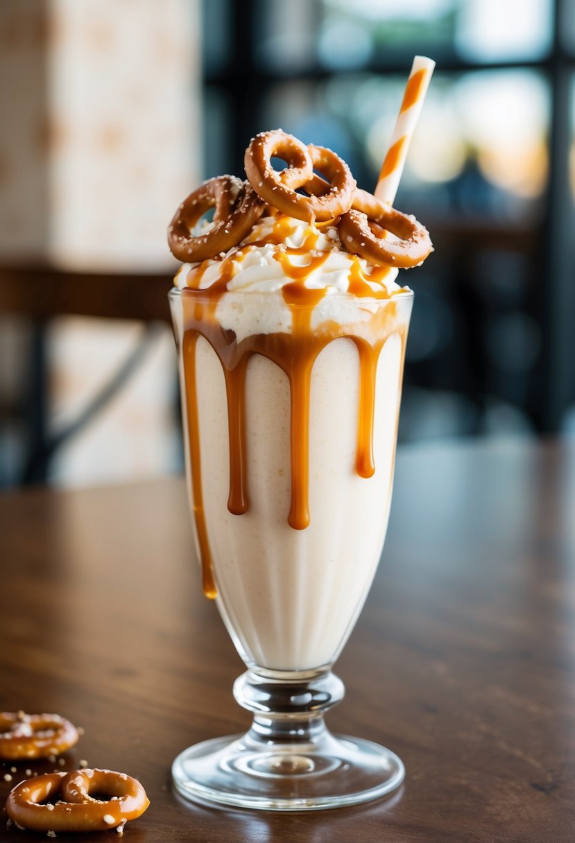 A tall glass filled with a creamy milkshake topped with crushed pretzels and drizzled with salted caramel sauce