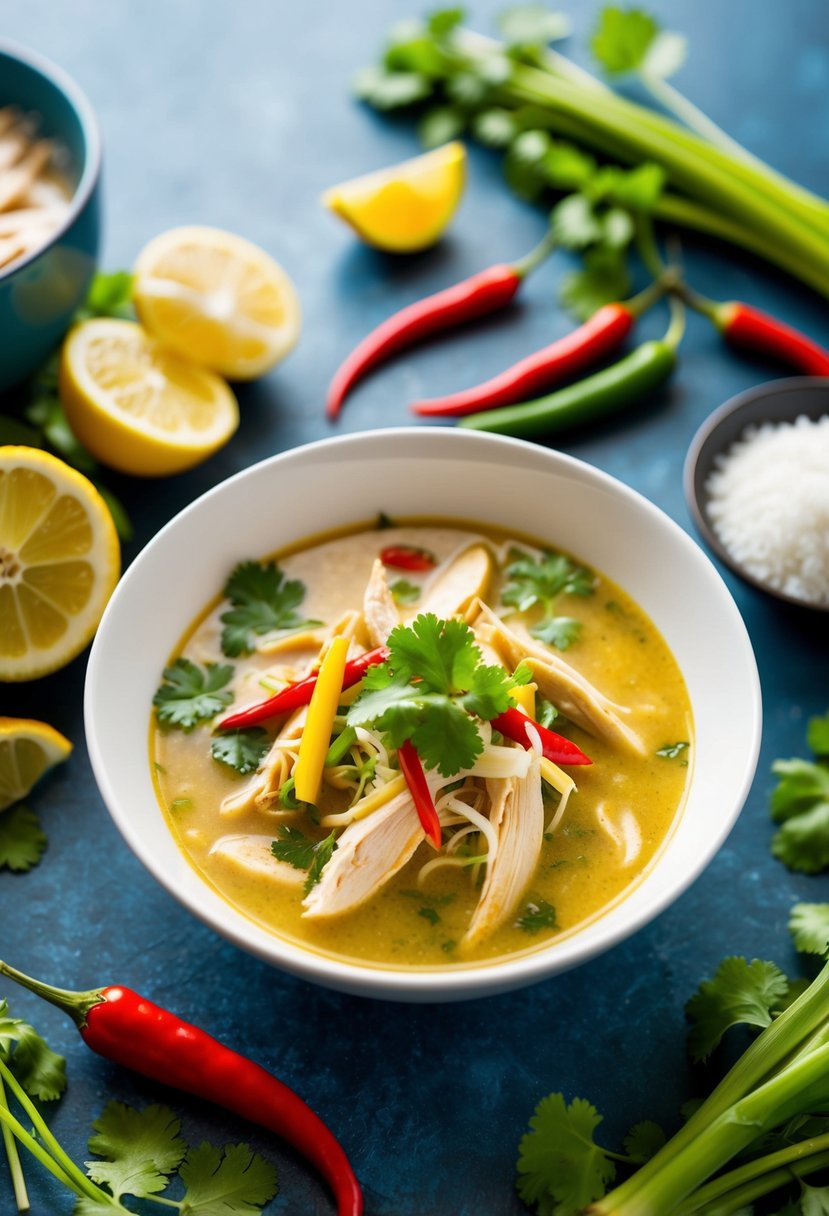 A steaming bowl of Thai coconut chicken soup surrounded by vibrant ingredients like lemongrass, chili peppers, and cilantro