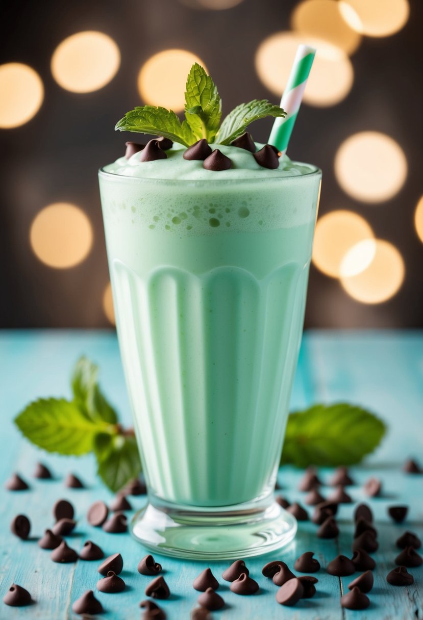 A tall glass filled with mint green milkshake topped with chocolate chips and a mint leaf, surrounded by scattered chocolate chips and a mint sprig