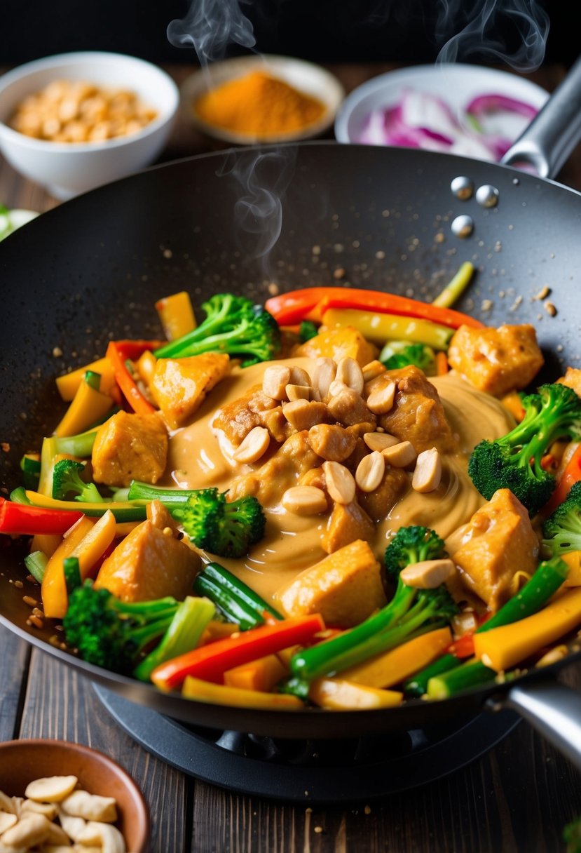 A sizzling wok filled with colorful vegetables, tender chunks of chicken, and a rich, creamy peanut sauce, emitting fragrant aromas of Thai spices