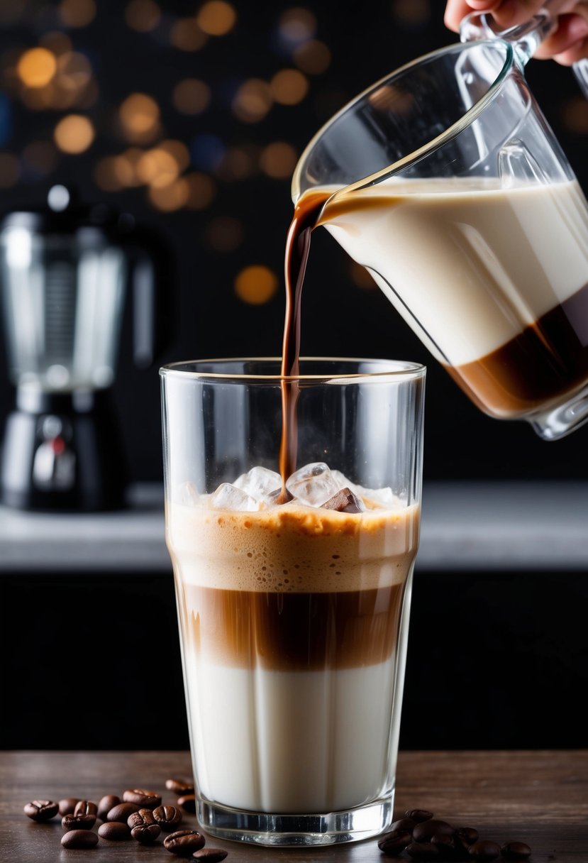 A steaming espresso shot poured into a blender with milk, ice, and coffee beans, creating a frothy coffee shake