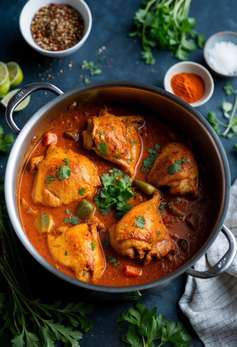 A bubbling pot of red curry chicken surrounded by aromatic spices and fresh herbs