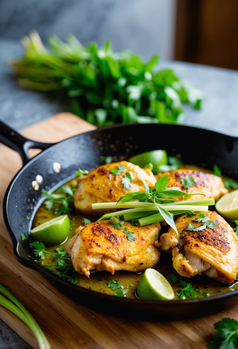 A sizzling skillet of Lemongrass Chicken with vibrant green herbs and aromatic spices