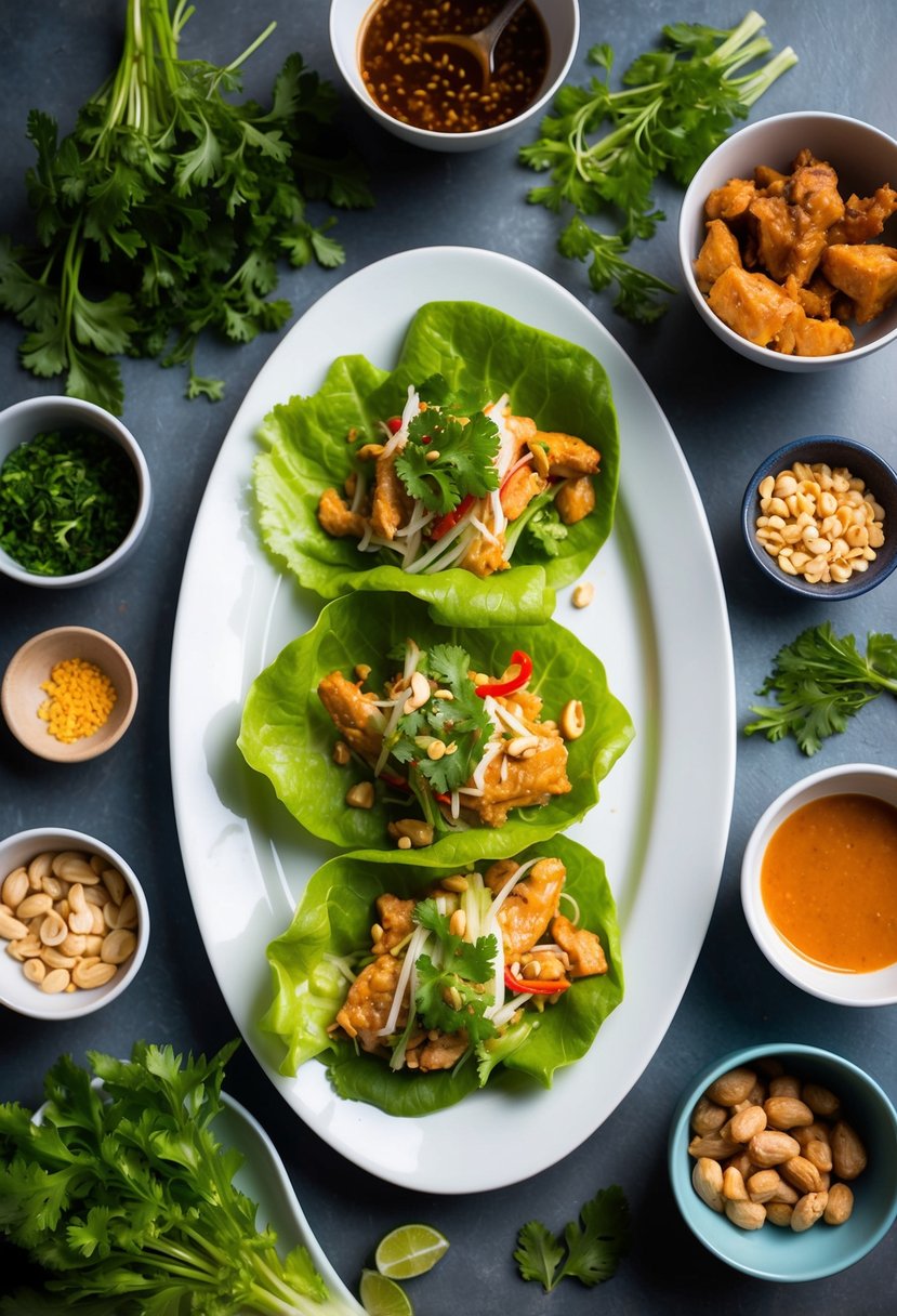 A table set with a platter of Thai chicken lettuce wraps surrounded by vibrant ingredients like fresh herbs, chopped peanuts, and spicy dipping sauce