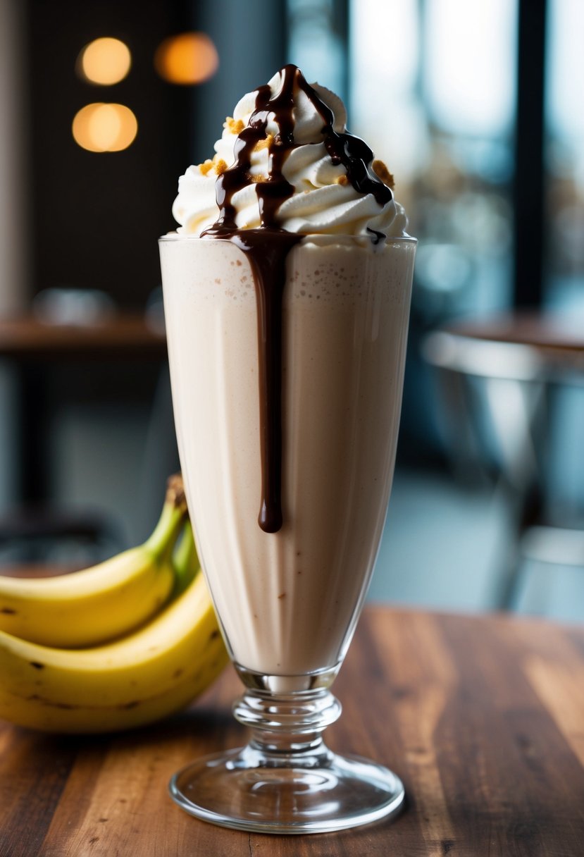 A tall glass filled with a creamy Nutella banana milkshake, topped with whipped cream and a drizzle of chocolate syrup