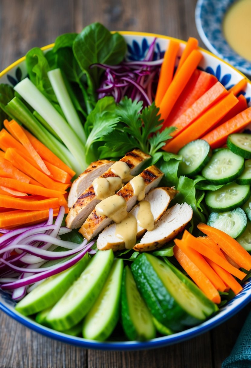 A colorful array of fresh vegetables, sliced grilled chicken, and a tangy Thai dressing, all arranged in a vibrant salad bowl