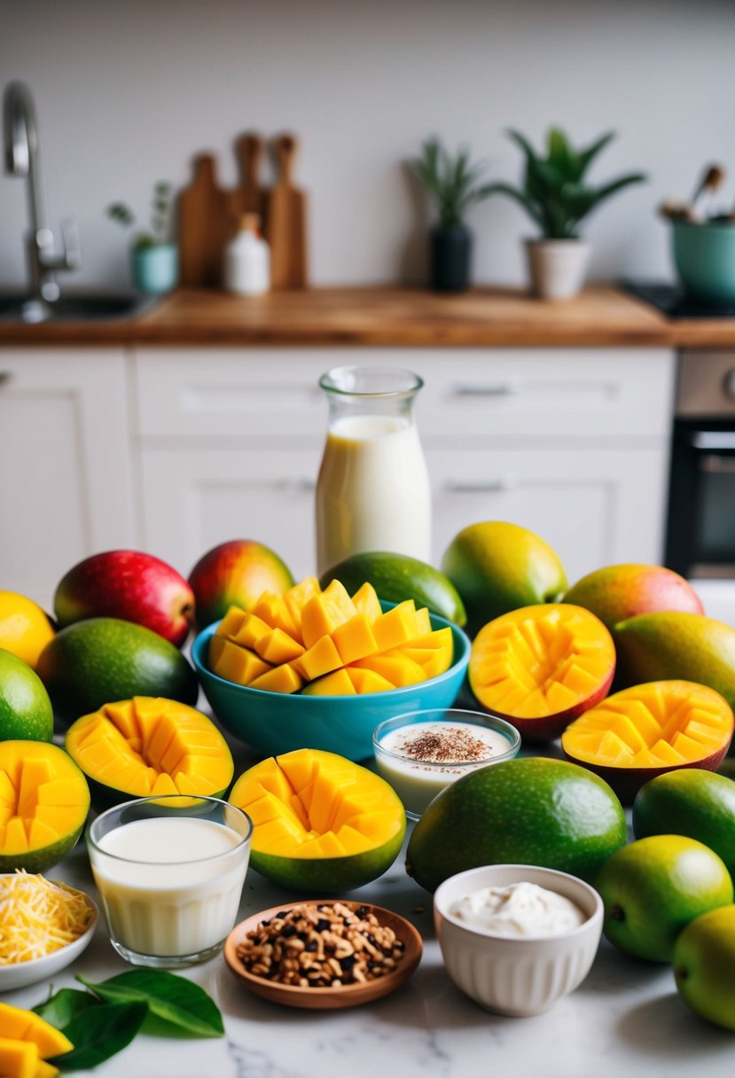 A vibrant array of fresh mangoes, creamy milk, and a variety of toppings spread out on a kitchen counter