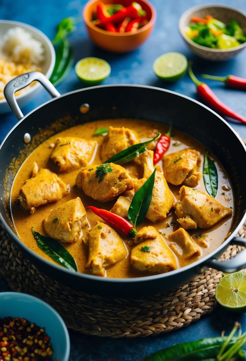 A steaming pan of Panang Curry Chicken simmering with Thai spices and tender chicken pieces, surrounded by vibrant ingredients like coconut milk, red chilies, and kaffir lime leaves