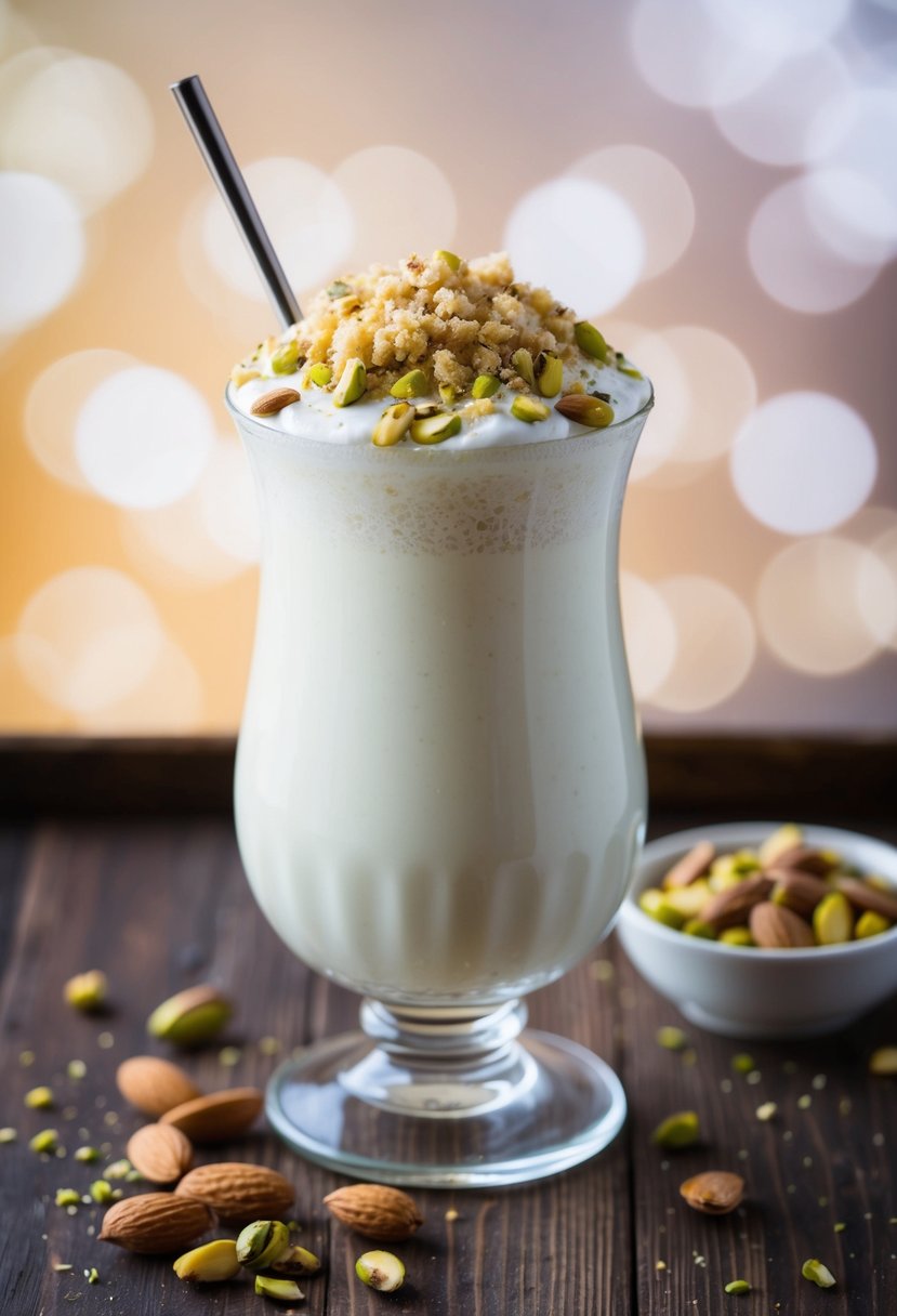 A glass filled with a creamy milkshake topped with crushed pistachios and almonds, with a sprinkle of crumble on top