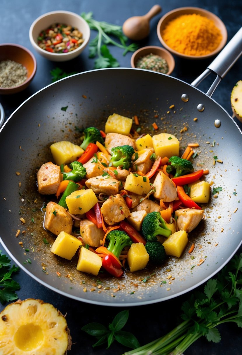 A sizzling wok filled with chunks of chicken, pineapple, and colorful vegetables, surrounded by aromatic Thai spices and herbs