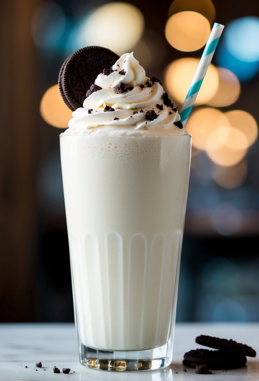 A tall glass filled with a creamy milkshake topped with whipped cream and crumbled chocolate cookies