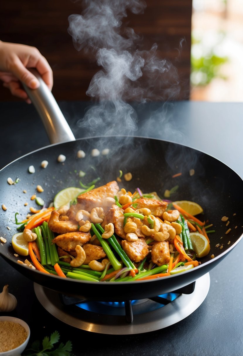 A sizzling wok with stir-fried chicken, cashews, and colorful vegetables, emitting fragrant aromas of garlic, ginger, and Thai spices