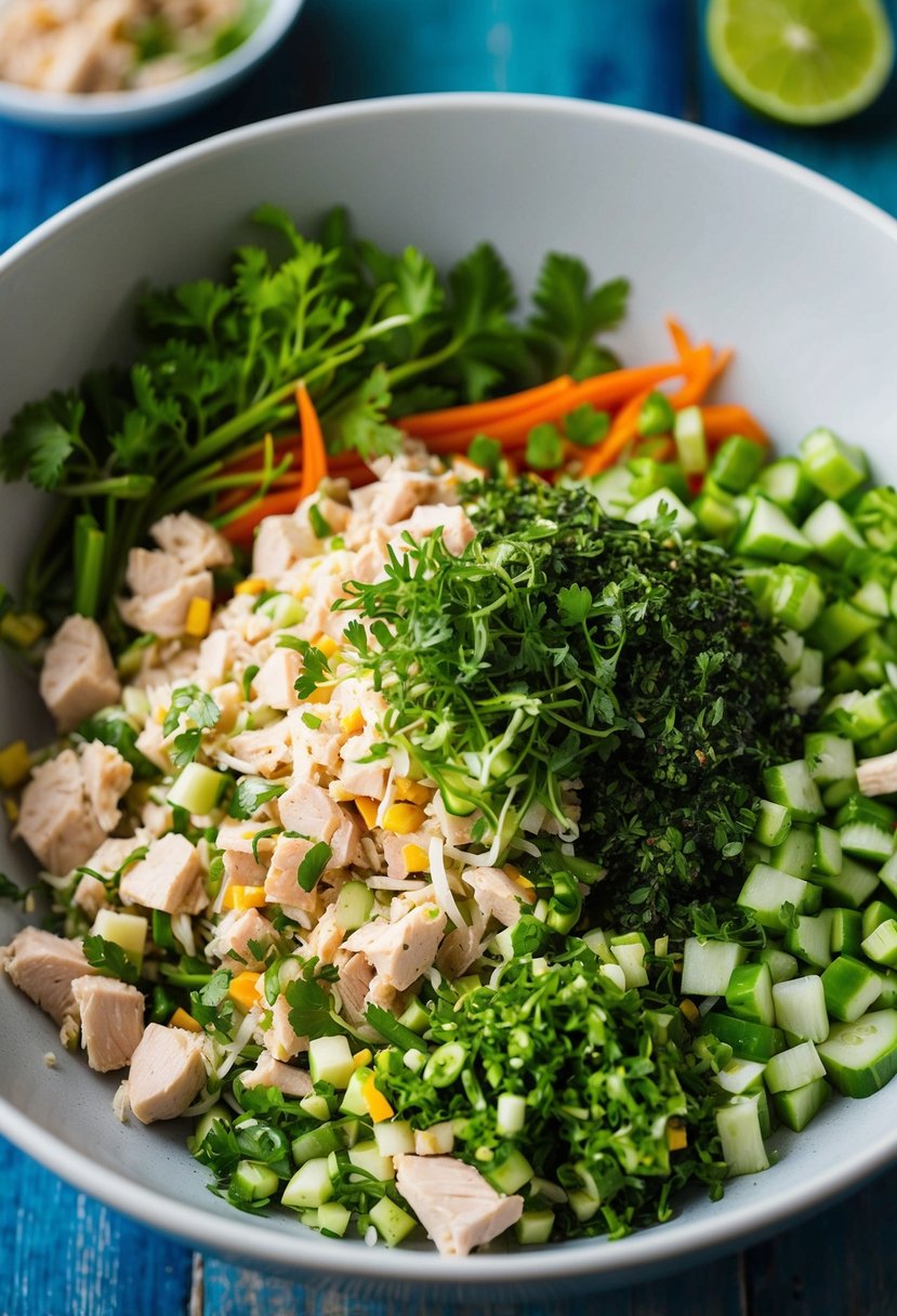 A colorful spread of fresh ingredients: chopped chicken, herbs, and vegetables, mixed together in a bowl, ready to be turned into a delicious Thai chicken larb salad