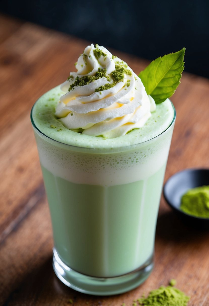 A glass filled with a creamy green milkshake topped with whipped cream and a sprinkle of matcha powder, with a green tea leaf as garnish