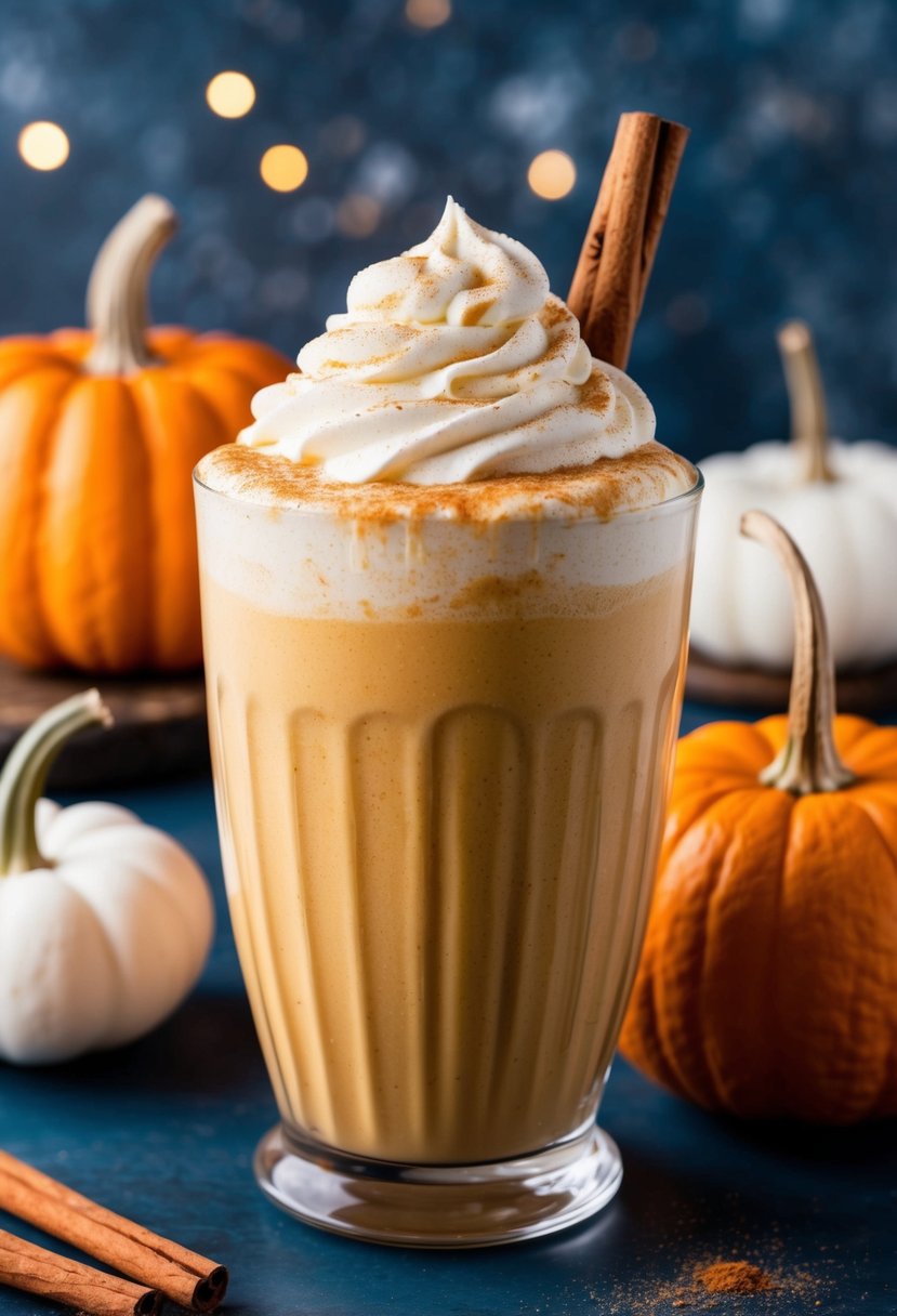 A glass filled with a creamy, orange pumpkin spice milkshake topped with whipped cream and a sprinkle of cinnamon, with a cinnamon stick and a small pumpkin as garnish