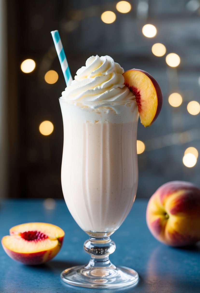 A glass filled with a creamy peach-colored milkshake topped with whipped cream and a fresh peach slice