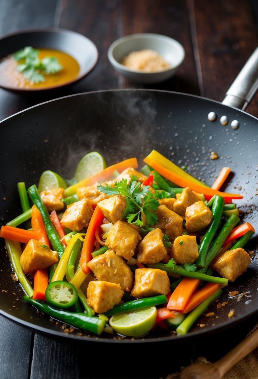 A sizzling wok filled with colorful vegetables, tender chunks of ginger-infused chicken, and a fragrant Thai sauce