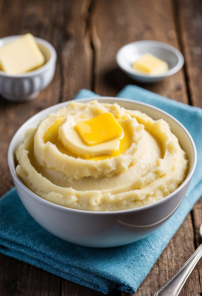 A bowl of creamy mashed potatoes topped with a pat of melting butter on a rustic wooden table