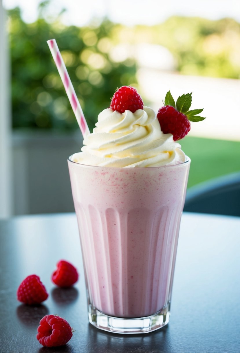 A glass filled with a creamy pink milkshake topped with whipped cream and a fresh raspberry garnish