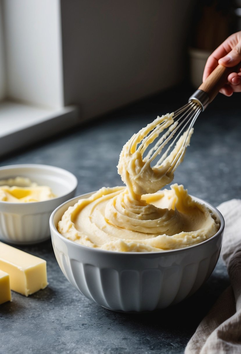 A bowl of creamy mashed potatoes being whipped with a wooden spoon. Butter and cream sit nearby on a rustic kitchen counter