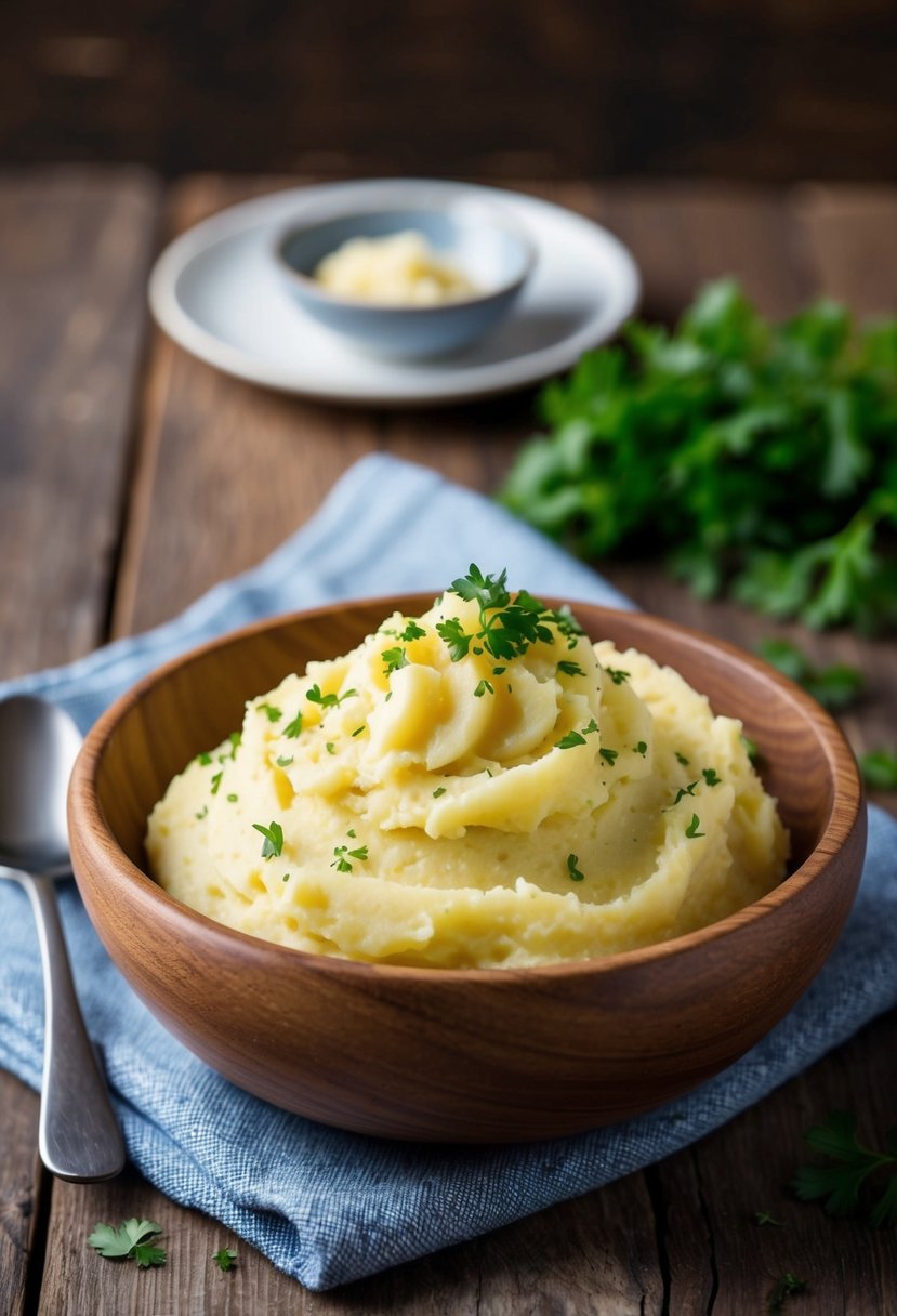 A wooden bowl filled with creamy garlic mashed potatoes, garnished with a sprinkle of chopped parsley on a rustic kitchen table